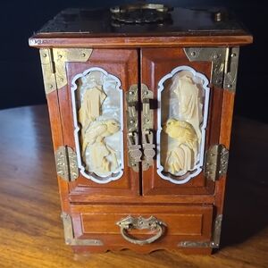 Vintage Rosewood Asian Abalone Bird Inlay Wooden Jewelry Box with Brass Accents